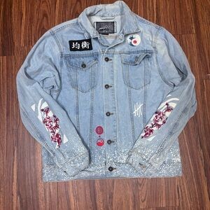 Brooklyn Cloth Wavy Graphic Denim Jacket Embroidered Cherry Blossom